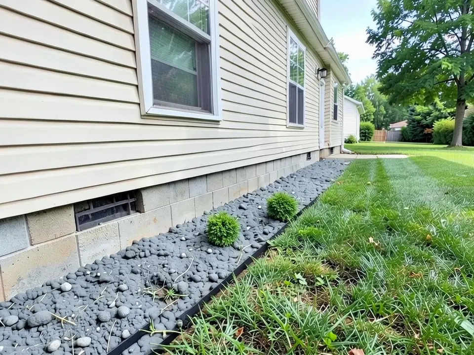 AI-edited version of the same image: the dirt strip covered with dark grey stones behind a black metal edge along the lawn, with two small round green shrubs in it and bits of dry straw still lying on the stones
