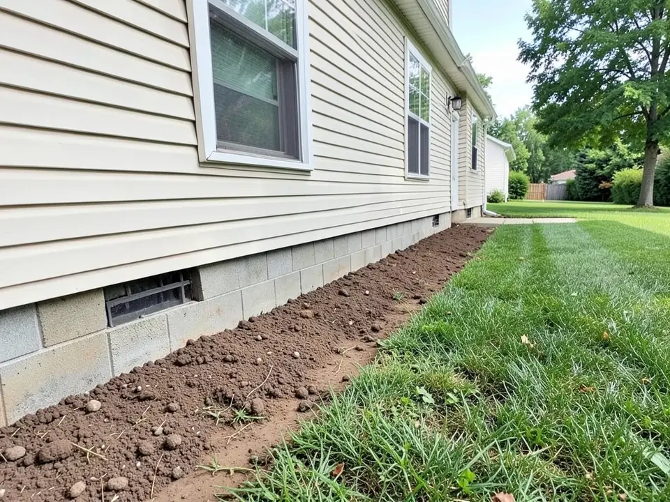 AI-generated example: the side of a house with beige siding, a window, a wall light and a concrete block foundation with a vent, with a strip of bare, lumpy dirt along the foundation next to a lawn and a large tree in the distance