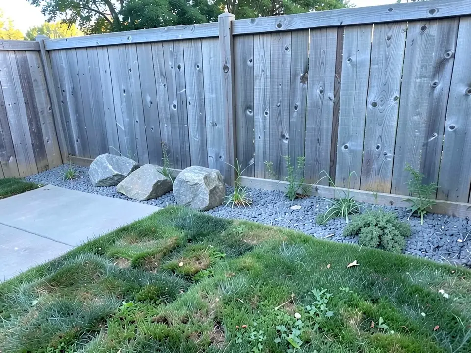 AI-edited version of the same image: the same fence, patio slab and lawn with the mulch strip replaced by dark grey gravel, three large grey boulders at the left end and a small grey-green shrub added at the right, the young plants still in place