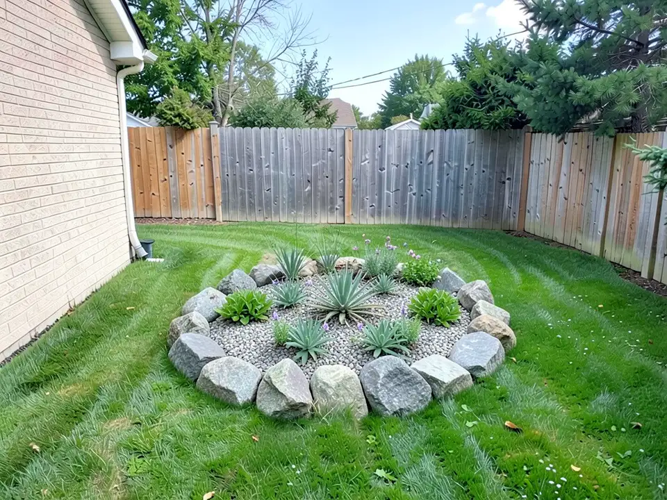 AI-edited version of the same image: the same lawn, fence and house wall with a round raised bed in the middle of the lawn, ringed with grey boulders, filled with gravel and spiky grey-green plants and a few small pink-purple flowers