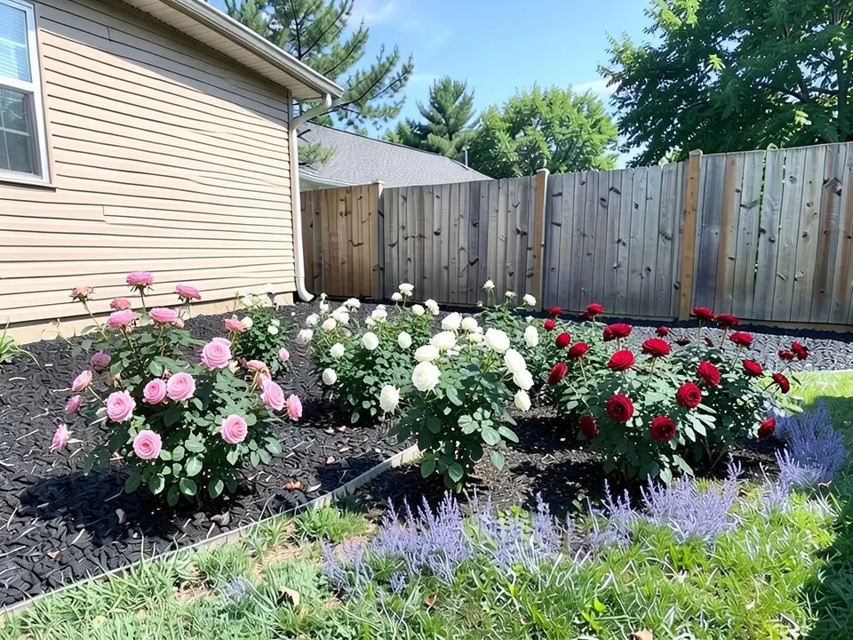 AI-edited version of the same image: groups of pink, white and deep red bush roses stand in the mulch bed, with lavender along the right part of the front edge