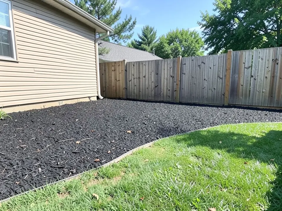 AI-generated example: a wide bed of black mulch along a wooden fence beside a beige house, with a green lawn in front of it and no plants in the bed
