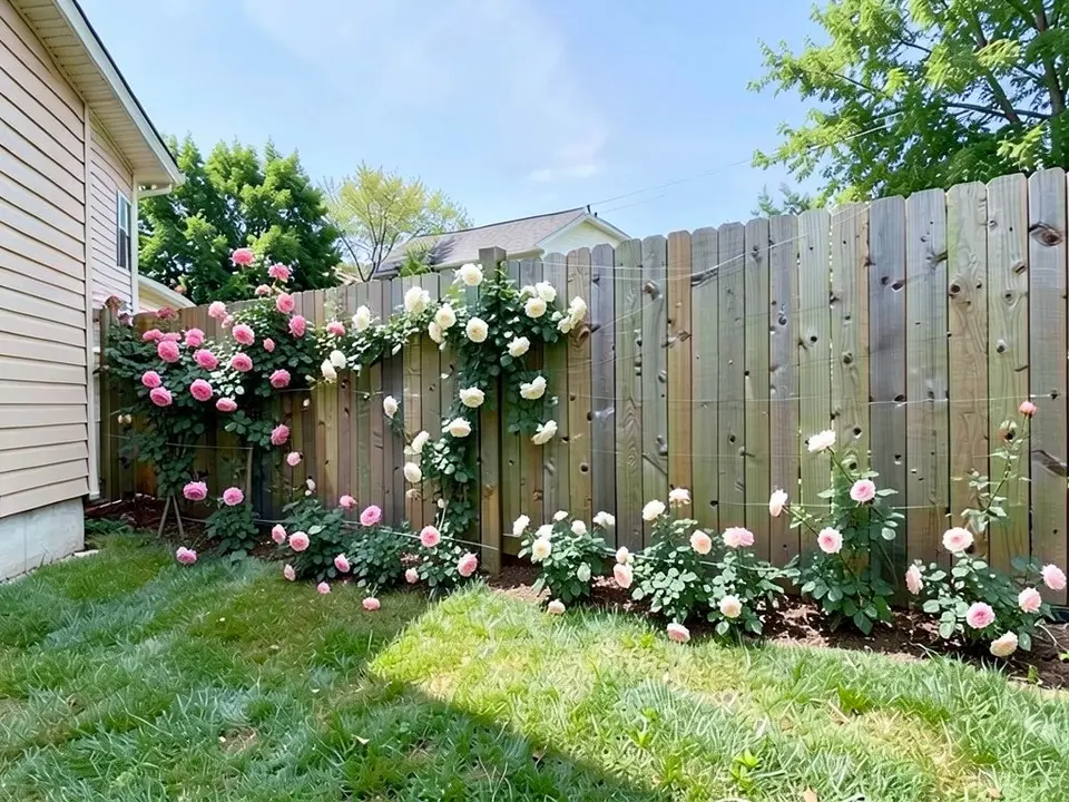 AI-edited version of the same image: pink and white climbing roses grow on the left part of the fence, and bush roses with pink and cream flowers stand along its base