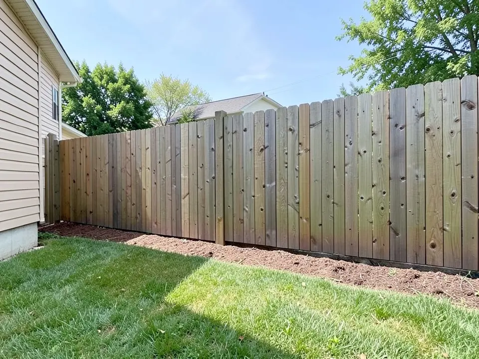 AI-generated example: a long, plain, tall wooden fence with a narrow strip of bare brown soil along its base and a green lawn in front, beside the corner of a beige house