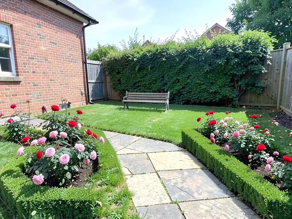 AI-edited version of the same image: two beds edged with low clipped hedges and full of pink and red roses flank the path, with a wooden bench on the lawn at the back
