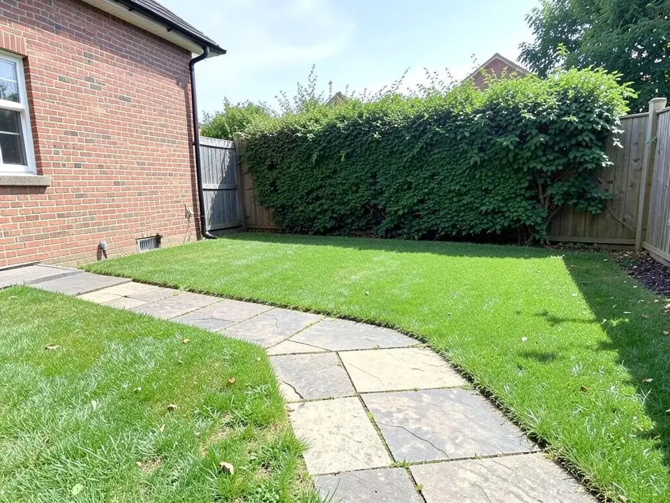 AI-generated example: a flat green lawn with a stone paved path curving across it, a tall hedge and a wooden fence behind, and the back of a brick house on the left