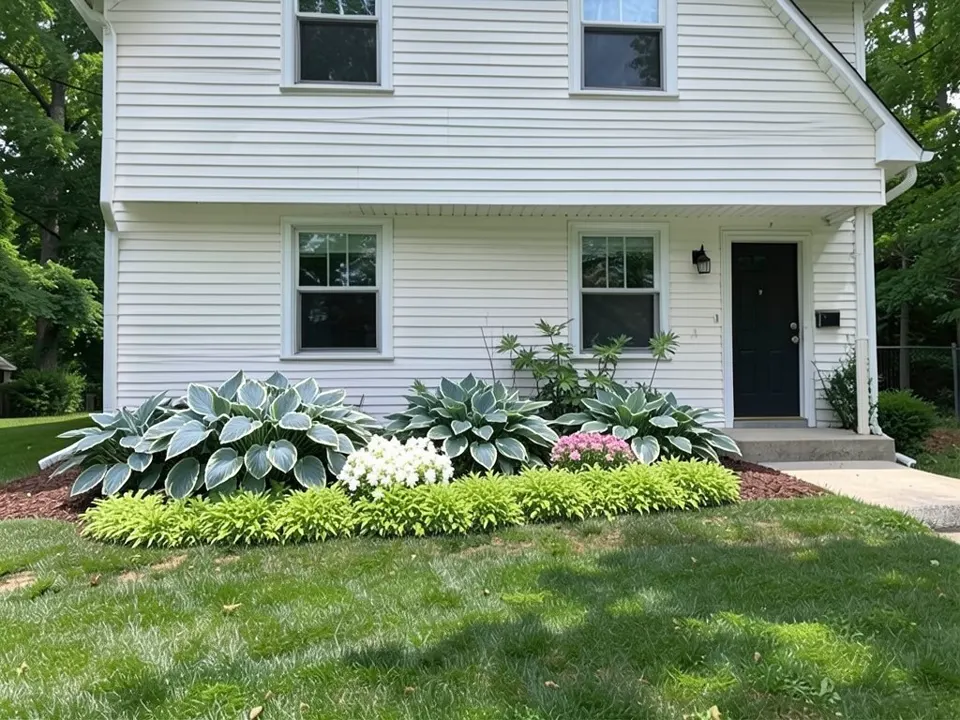 AI-edited version of the same image: the scraggly shrubs are gone and the bed holds large blue-green hostas with white edges, a cluster of white flowers, a cluster of pink flowers, a tall leafy plant and a low lime-green edging along the front by the lawn