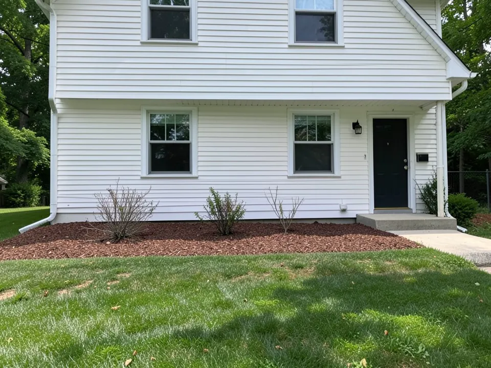 AI-generated example: the front of a white two-story house in shade with a long bed of brown mulch along the wall holding three thin, scraggly shrubs, two lower windows, a dark front door with a wall lamp, a concrete step and a lawn in front