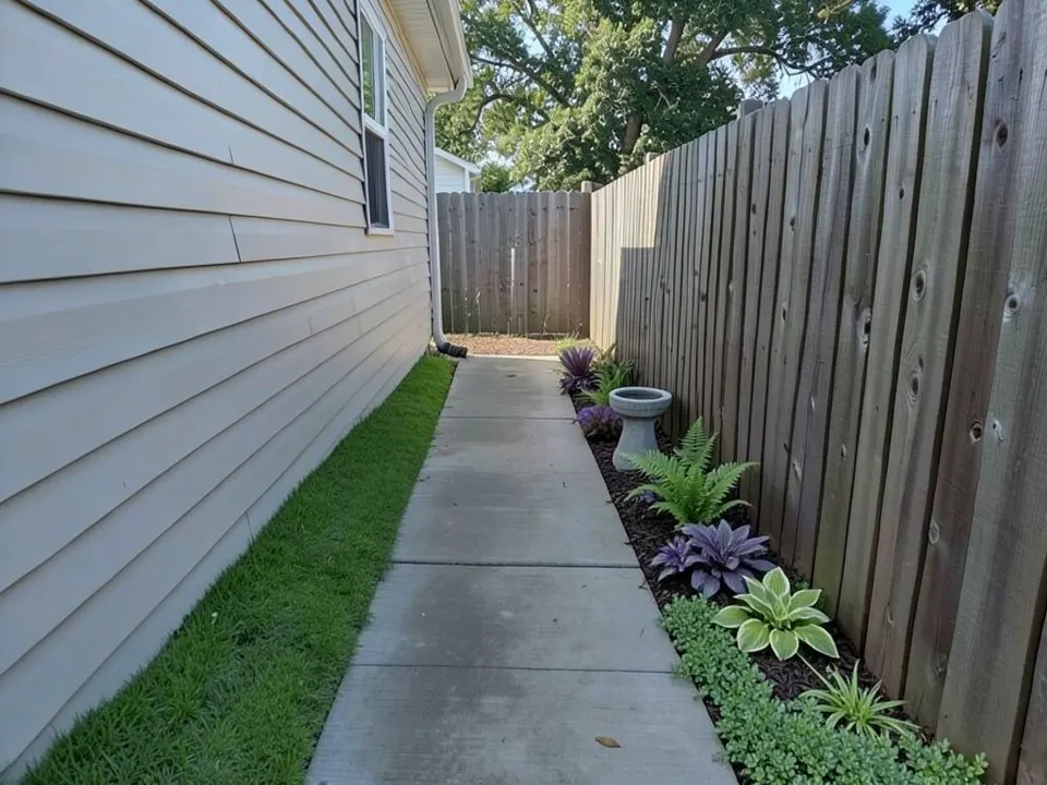 AI-edited version of the same image: the strip along the fence is now a dark mulch border with a fern, dark purple heuchera, a lime-green hosta and a low creeping groundcover, with a gray stone pedestal birdbath near the far end; the strip along the house is now green grass