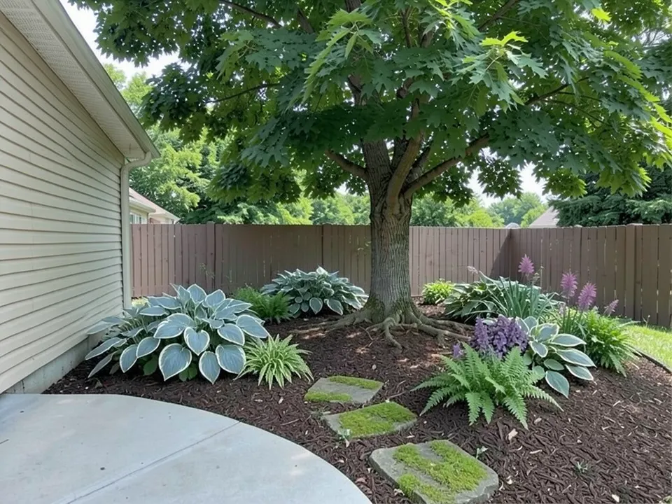AI-edited version of the same image: the lawn under the maple is now a wide bed of dark brown mulch with large blue-green hostas edged in white, ferns, leafy plants and purple flowers, and three mossy flat stepping stones leading out from the patio