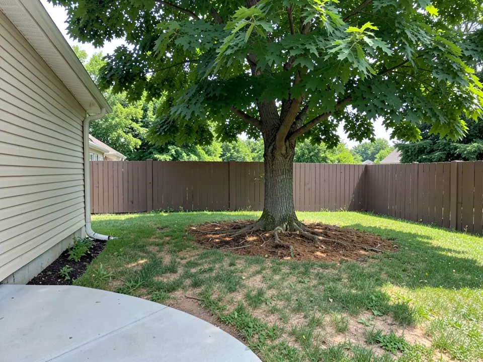 AI-generated example: a backyard with a large maple tree in the middle of a thin, patchy lawn, a ring of bare dirt and exposed roots around its trunk, a brown wooden privacy fence behind, the beige side wall of a house with a downspout on the left and a curved concrete patio in front