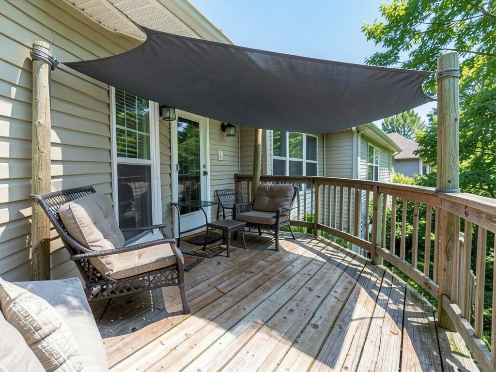 AI-edited version of the same image: a large dark grey shade sail high over the deck on tall wooden posts by the house and by the railing, shading part of the deck near the railing while most chairs stay in sun