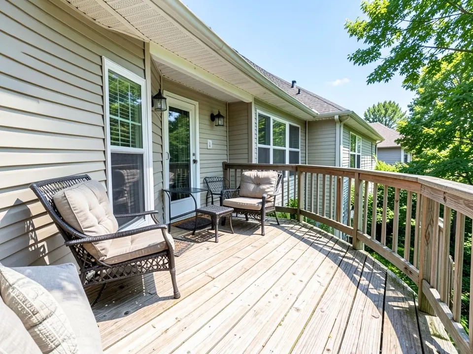 AI-generated example: a sunny wooden deck off a sided house with a wicker chair, a loveseat, a small table, a wooden railing and a roof overhang above the door