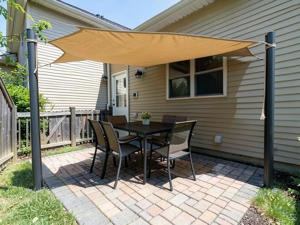 AI-edited version of the same image: a large tan four-sided shade sail stretched above the table and chairs between two tall dark steel posts, its back edge running toward the house, seen a little closer than the before