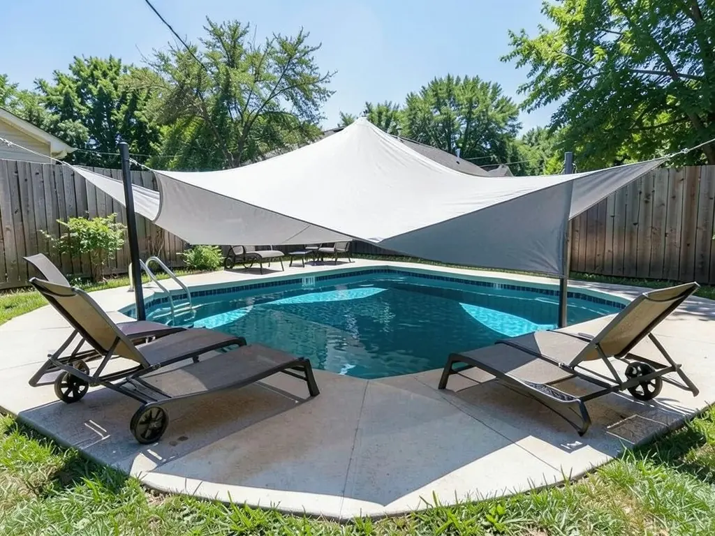 AI-edited version of the same image: two overlapping shade sails, one white and one grey, on dark posts at the sides of the pool, shading the far half of the water, with the two front lounge chairs still in sun