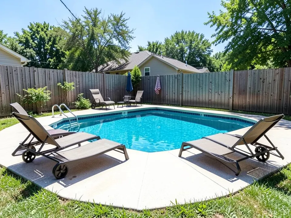 AI-generated example: an in-ground pool with a light concrete deck, two lounge chairs in front, a lounge chair, a table and chairs and an umbrella at the far side, a towel on a wooden fence, trees and a house behind