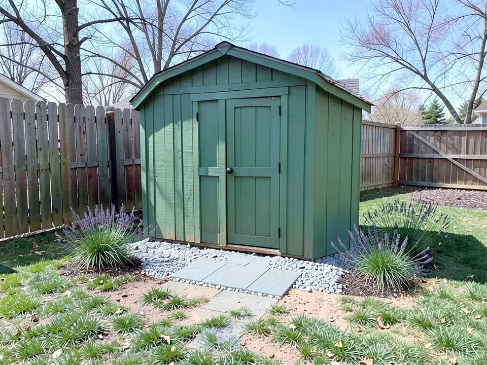 AI-edited version of the same image: a strip of grey gravel along the front base of the shed, three or four flat grey paving slabs leading from the gravel toward the lawn and fading into the dirt, and clumps of lavender and ornamental grass with dark mulch at each front corner of the shed, with the shed, fence and trees as before
