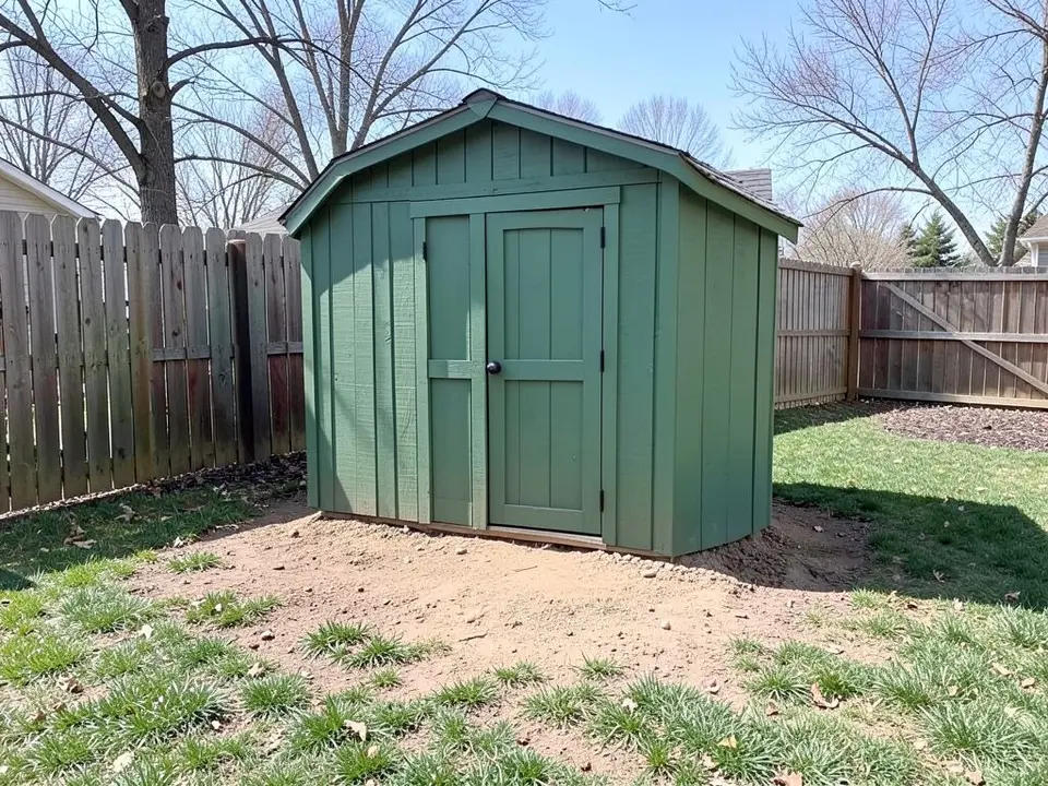 AI-generated example: a small green wooden storage shed with a paneled door standing on bare dirt and patchy grass at the edge of a lawn, tall wooden fences behind it and to the left, a strip of dark mulch in the far right corner, and bare trees and a neighbor's roof beyond, under a blue sky