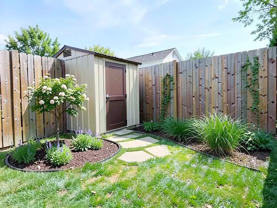 AI-edited version of the same image: a small tree with pink and white flowers and a curved bed of dark mulch with low purple flowers and green plants edged in black in front of the left corner of the shed, about five flat stepping stones curving from the lawn to the shed door, a second bed of tall grasses along the back fence at the right, and two thin vines climbing the fence, with the shed and fence as before