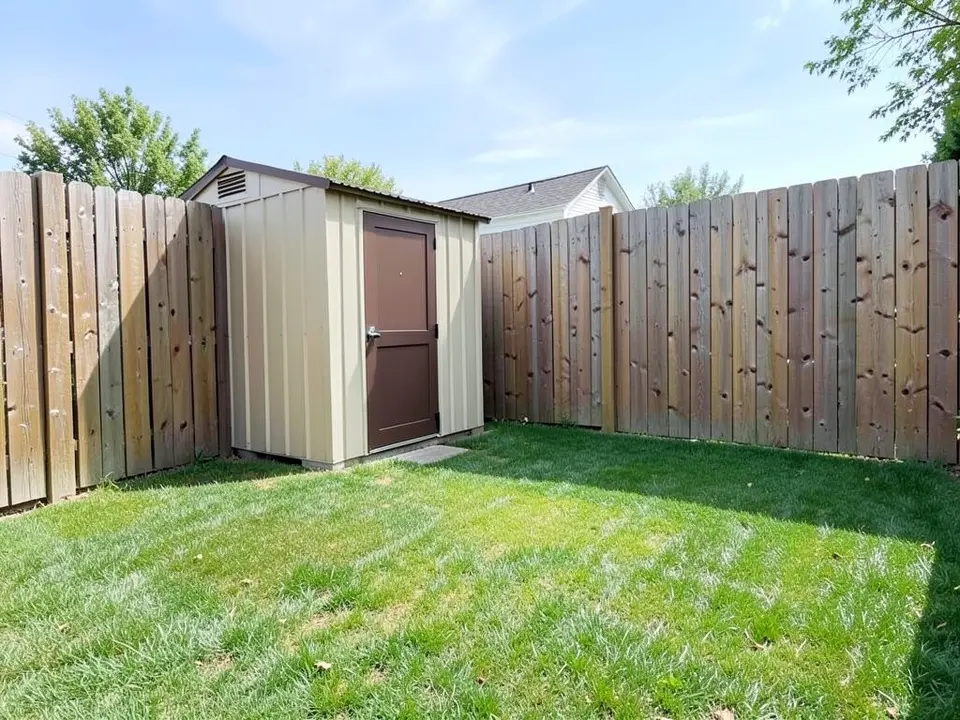 AI-generated example: a small beige metal garden shed with a brown door in the corner of a tall wooden fence, a mown green lawn in front with a shadow across it and no plants, a small concrete slab at the door, and a neighbor's roof and trees beyond the fence, under a pale blue sky
