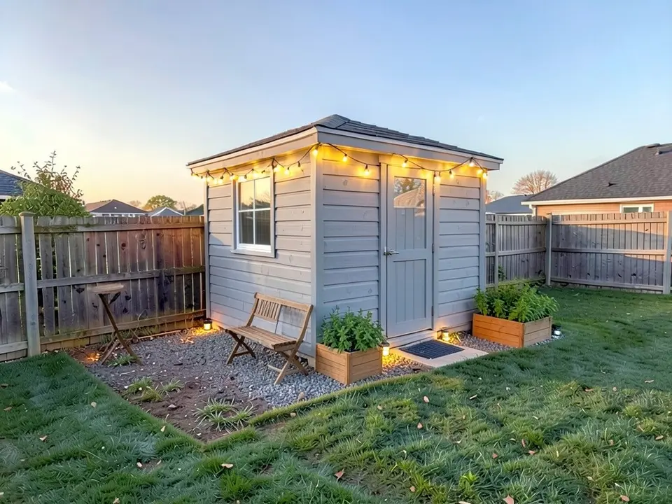 AI-edited version of the same image: a patch of grey gravel beside the shed with a wooden folding bench and a small tall wooden table by the fence, two wooden raised planters with green herbs against the shed wall, a string of warm lights along the shed eave, a few tiny lanterns on the ground, and a warmer golden evening sky, with the shed, window, door and fence as before