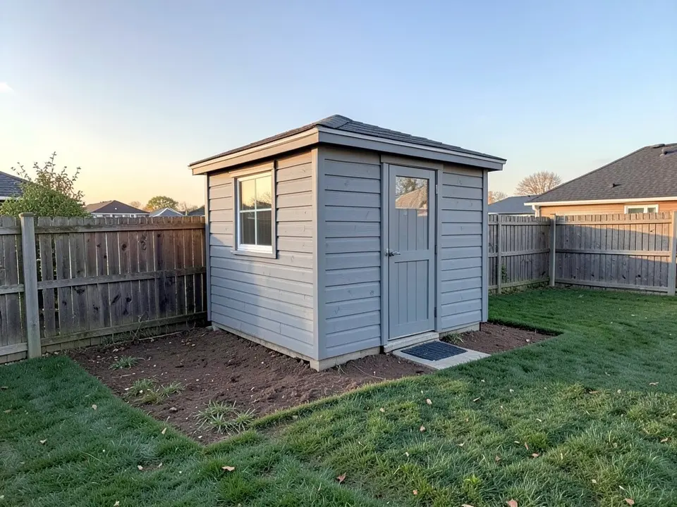 AI-generated example: a small grey wooden garden shed with a window and a door and a doormat on a small concrete slab, standing on a rectangle of bare soil cut into a lawn, a low wooden fence with a shrub behind it, and neighbors' roofs in the distance, under a clear evening sky