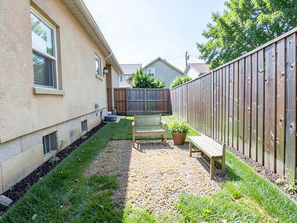 AI-edited version of the same image: a wide patch of tan and grey gravel in the middle of the lawn with a wooden bench at the far end, a second wooden bench along the right fence and a terra-cotta pot with a green plant between them, with grass still on both sides