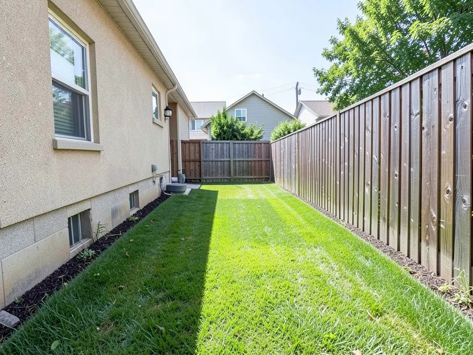 AI-generated example: a narrow side yard of a house with a tan stucco wall with a window and a wall light on the left, a mown lawn with a long shadow across it, a tall wooden fence on the right, a wooden gate and a neighbor's house and trees at the far end, in daylight