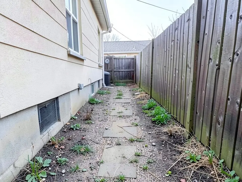 AI-edited version of the same image: the bare dirt in the middle covered with light grey gravel and a line of flat grey stepping stones, with dark soil and weeds still along both sides, and the wall, fence, air conditioner and gate as before