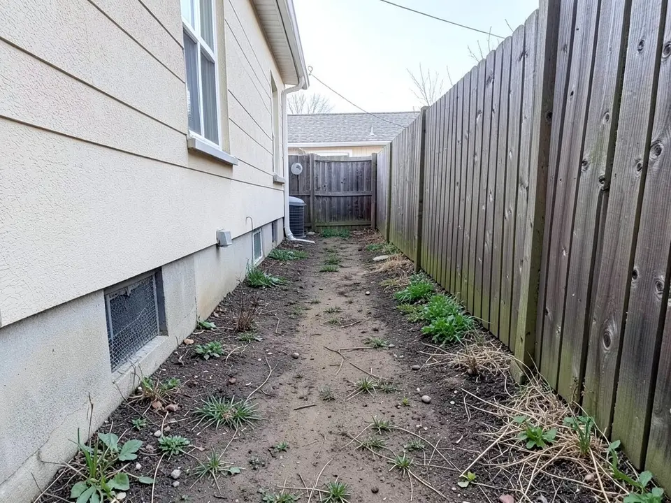 AI-generated example: a narrow side yard between a cream stucco house wall with a window and a basement vent on the left and a tall weathered wooden fence on the right, bare patchy dirt with weeds on the ground, an air conditioner unit and a wooden gate at the far end, under a pale sky