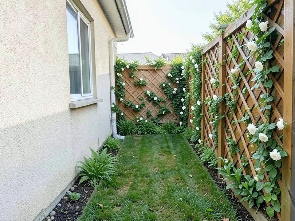 AI-edited version of the same image: tall brown wooden lattice with climbing vines and white flowers along the right side and across the far end where the grey fence was, a fern and green plants in the mulch strip by the house, and the grass strip and house wall as before