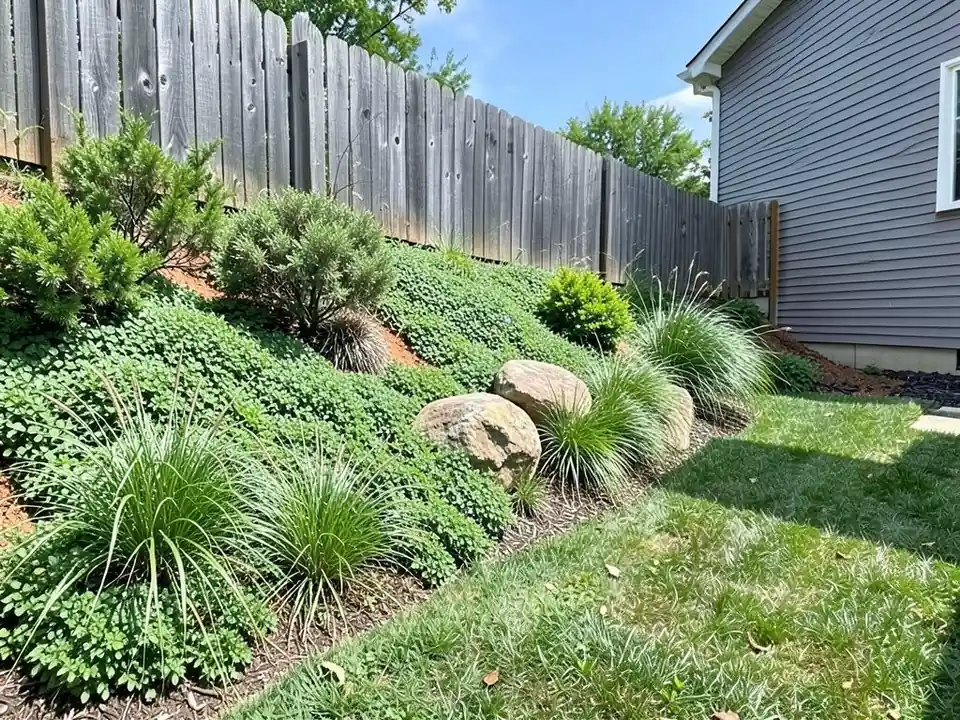 AI-edited version of the same image: the same bank covered with dense low green groundcover, clumps of ornamental grass, a few evergreen shrubs and three tan boulders set into the slope, with a strip of mulch along the foot of the bank