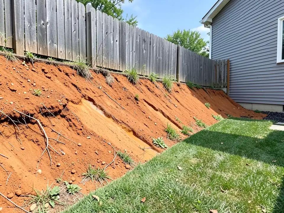 AI-generated example: a steep bare bank of orange-red clay with rain gullies, exposed roots and a few weeds, below a weathered wooden privacy fence, with a strip of lawn in front and the corner of a gray house on the right