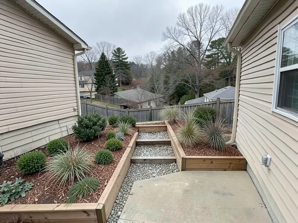 AI-edited version of the same image: the lawn beside the patio turned into two timber-edged planting beds filled with red-brown bark mulch, round shrubs and ornamental grasses, with timber steps filled with pale gravel running down between the beds