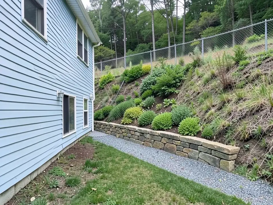 AI-edited version of the same image: a low dry-stacked natural stone wall along the bottom of the slope, a gravel path in front of it, shrubs and groundcover planted on the slope above the wall, and the strip of grass next to the house, narrowed and greener