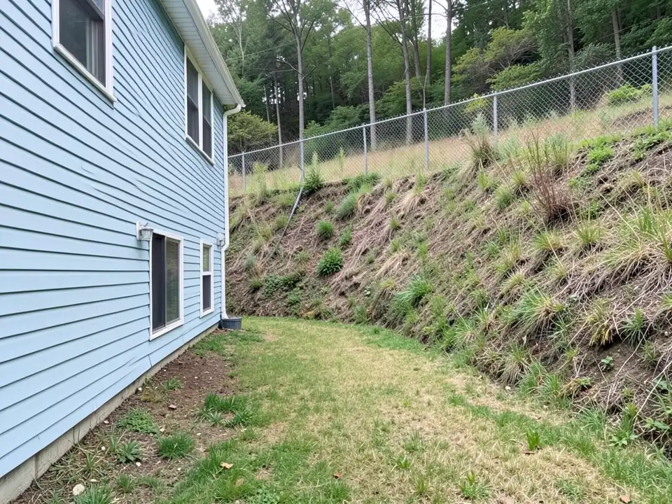 AI-generated example: a steep weedy hillside rising right behind a light blue two-story house, up to a chain-link fence and woods, with only a narrow strip of patchy grass between the house and the slope