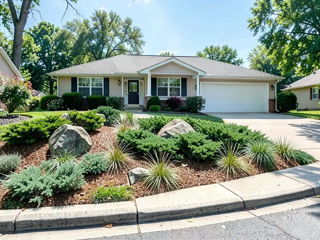 AI-edited version of the same image: the slope planted with creeping juniper, clumps of ornamental grass and grey boulders in reddish bark mulch, running down to the curb with no sidewalk