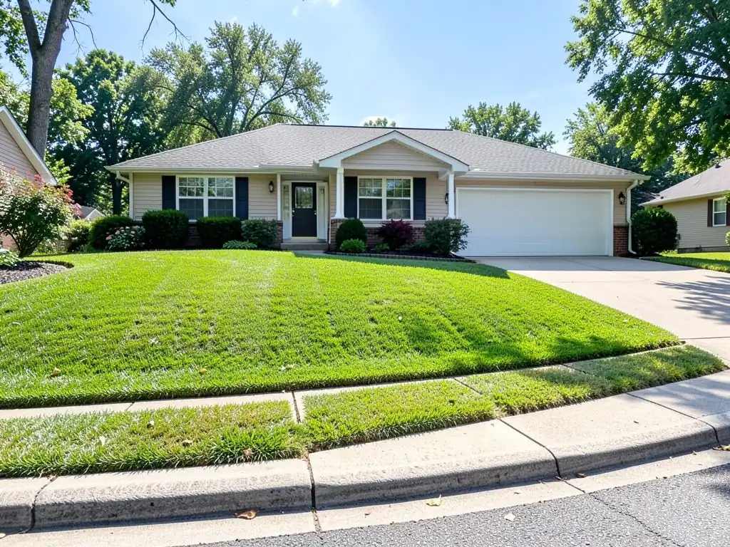 AI-generated example: a mown lawn sloping down to the sidewalk in front of a single-story beige ranch house with a white garage door, a concrete driveway, shrubs along the house and a grass strip by the curb