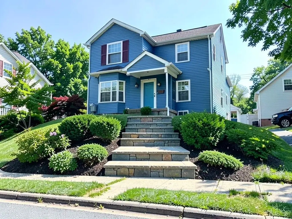 AI-edited version of the same image: a flight of wide stone steps from the sidewalk up to the front stoop, with one deeper step near the bottom, and round green shrubs in black mulch beds on both sides