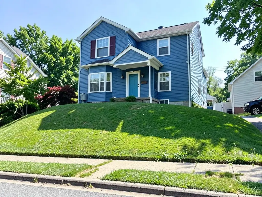 AI-generated example: a mown grass slope rising from the sidewalk to a blue two-story house with a teal front door, a small porch roof and no walkway, with a red Japanese maple on the left