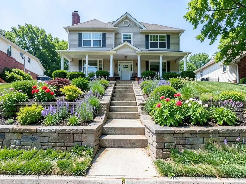 AI-edited version of the same image: low stacked stone retaining walls on both sides of the concrete steps holding up beds of shrubs and red, purple and yellow flowering perennials, with a strip of grass at the bottom