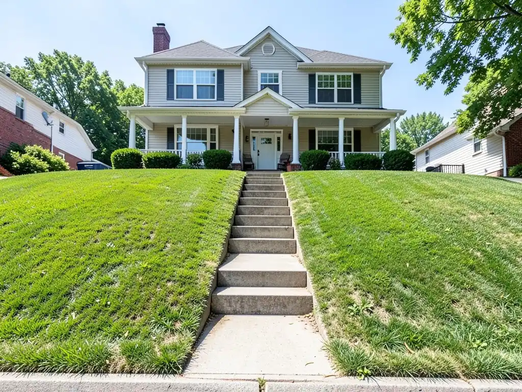 AI-generated example: a steep mown grass front yard sloping up to a two-story house with a front porch, with a concrete walkway and steps up the middle from the sidewalk