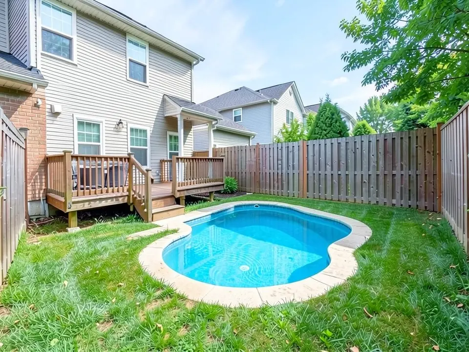 AI-edited version of the same image: a curved kidney-shaped pool with blue water and a pale stone edge now sits in the right half of the lawn, close to the right-hand fence, and the diagonal shadow is gone