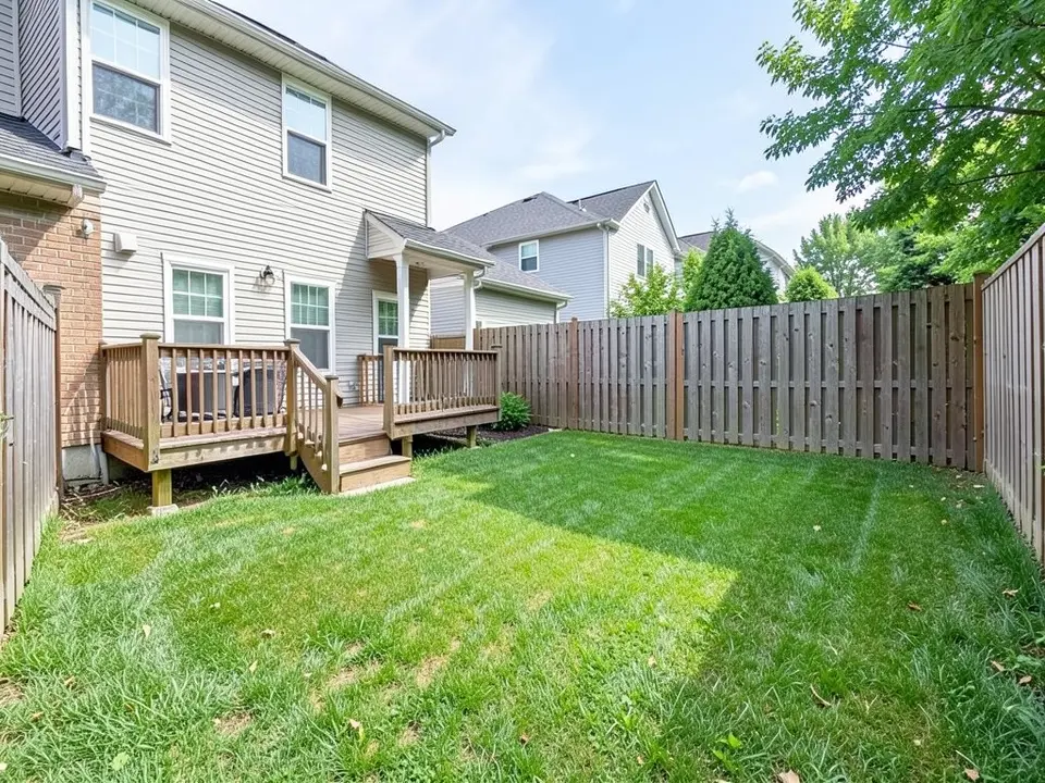AI-generated example: a small backyard with an empty green lawn crossed by a diagonal shadow, a wooden privacy fence around it and a small wooden deck with railings and steps beside a two-story grey-siding house with a brick base on the left