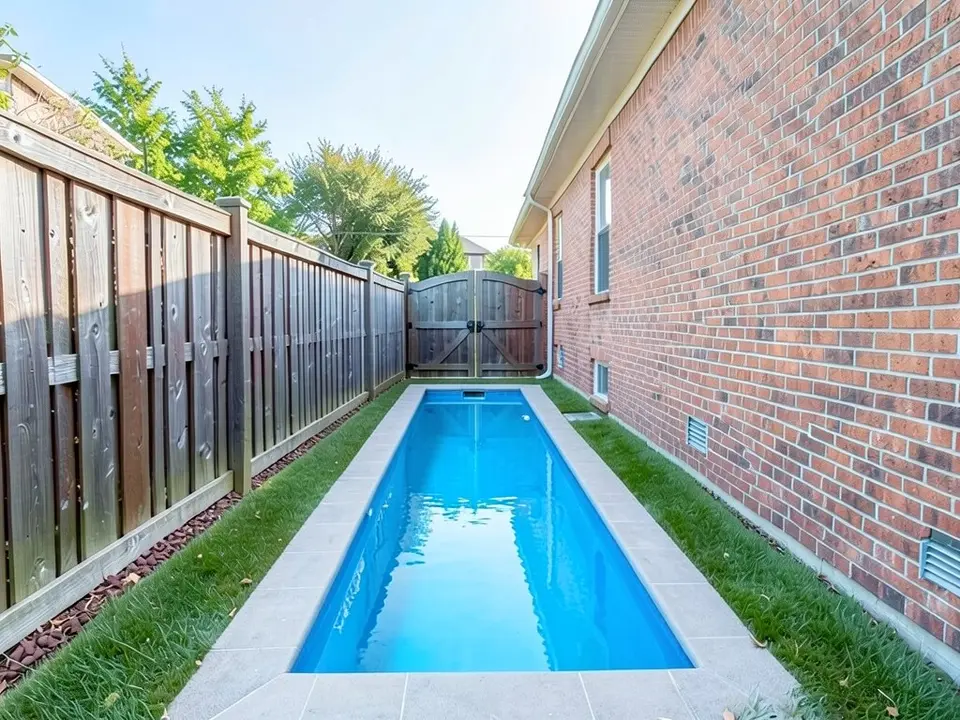 AI-edited version of the same image: a long narrow rectangular pool with bright blue water now fills most of the strip, with pale paving around it that is wide at the near end and thin at the sides, and a sliver of grass beside the brick wall