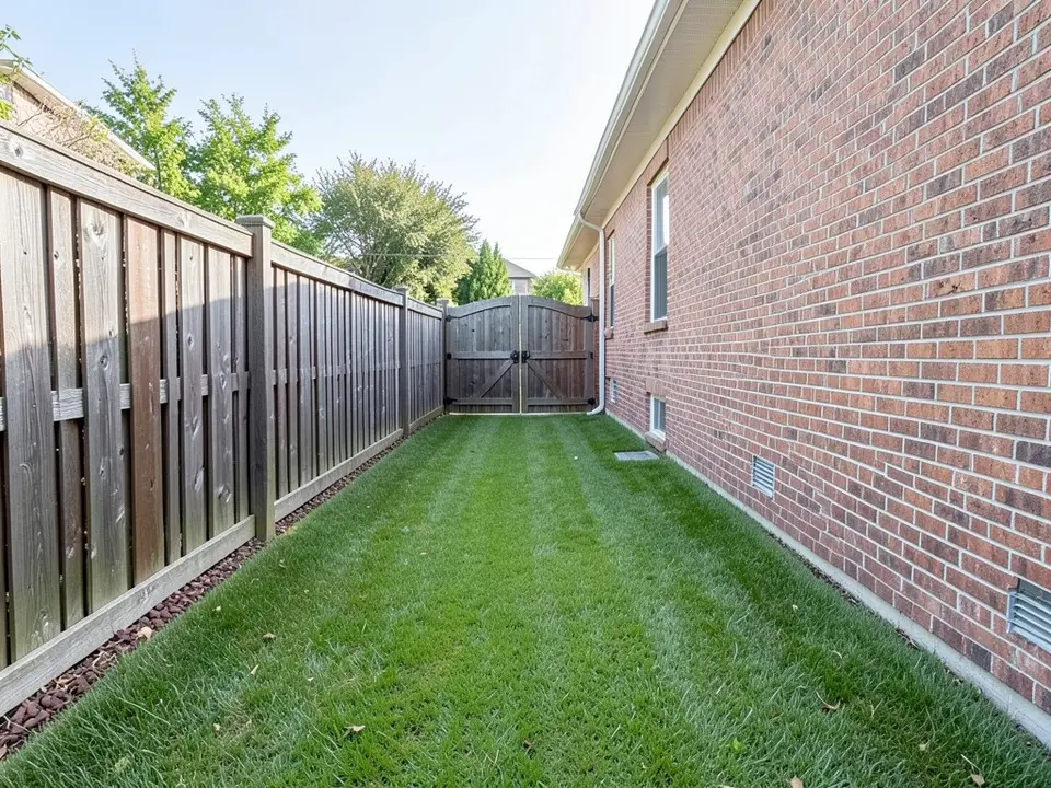 AI-generated example: a long narrow side yard with a strip of green lawn between a tall wooden fence on the left and a red brick house wall on the right, a gate at the far end and a thin dark mulch strip at the foot of the fence