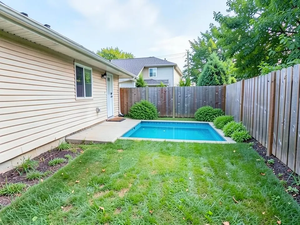 AI-edited version of the same image: a small rectangular pool with bright blue water now sits at the back of the yard beside the concrete slab, with round green shrubs along the fence behind and beside it
