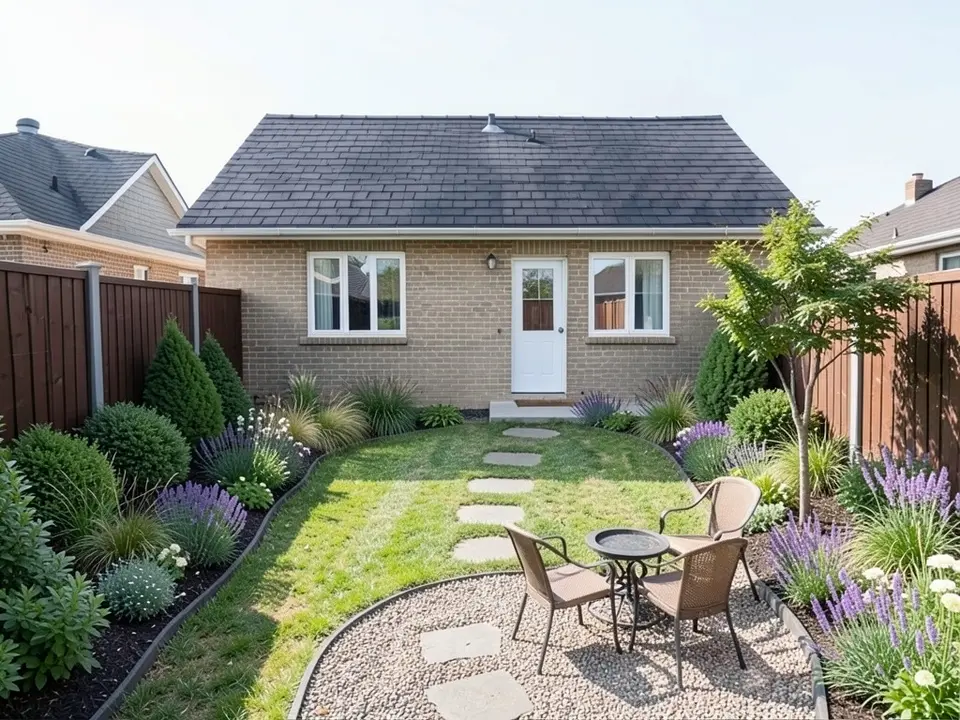 The same backyard with a smaller curved lawn, stepping stones, deep borders of evergreen shrubs, grasses and lavender-colored flowers along both fences, a small tree on the right and a round gravel seating area with a table and chairs