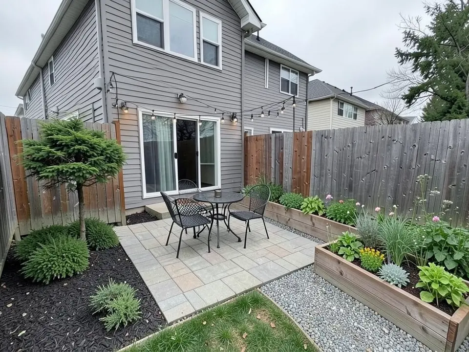 The same townhouse backyard with a square paver patio, a round bistro table and three chairs, string lights, raised wooden planter beds along the fence, a gravel path and a small evergreen tree in a mulched corner bed