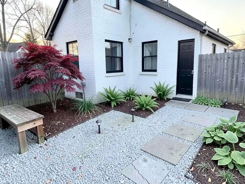 The same backyard with no lawn: pale gravel, large square stepping pavers, a red Japanese maple, a wooden bench, ferns and hostas in mulched beds and small path lights